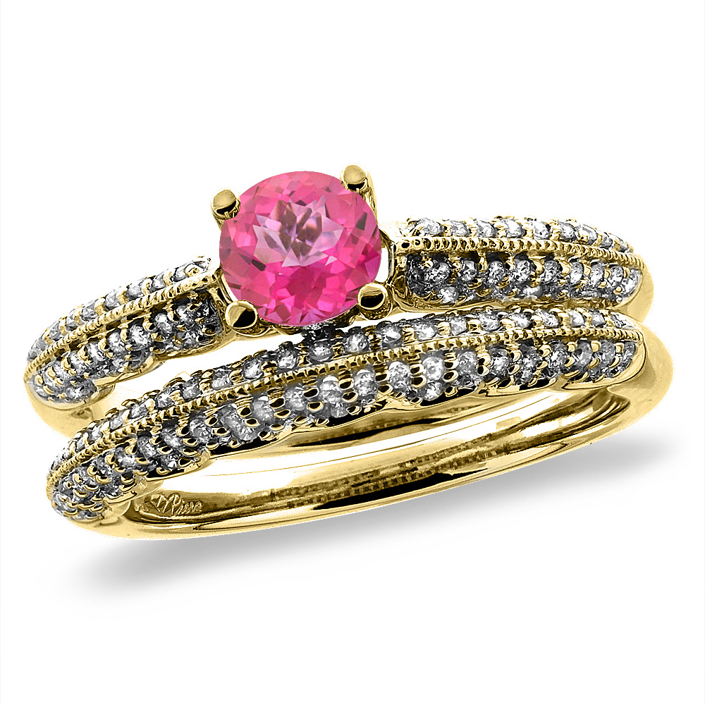 14K Yellow Gold Diamond Natural Pink Topaz 2pc Engagement Ring Set Round 5 mm, sizes 5-10