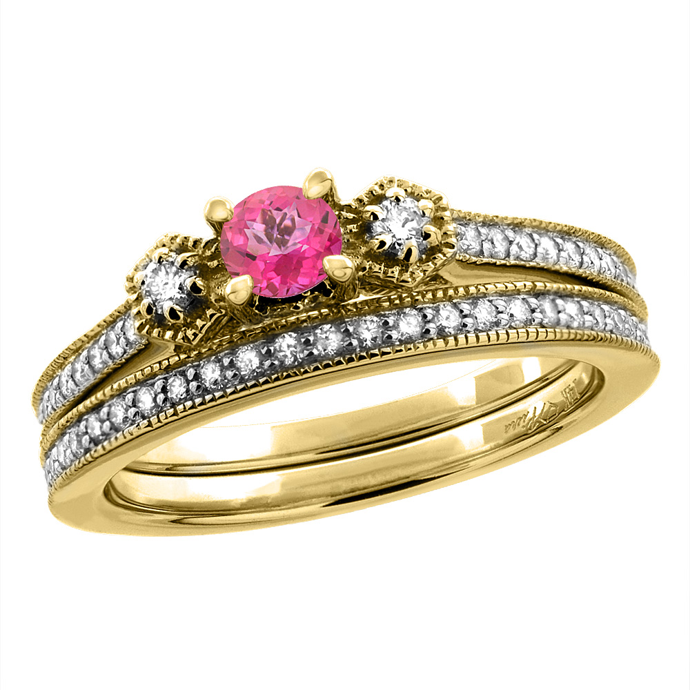 14K Yellow Gold Diamond Natural Pink Topaz 2pc Engagement Ring Set Round 4 mm, sizes 5 - 10
