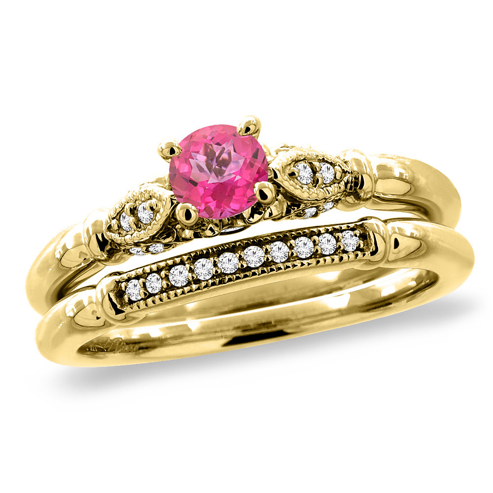 14K Yellow Gold Diamond Natural Pink Topaz 2pc Engagement Ring Set Round 4 mm, sizes 5 - 10
