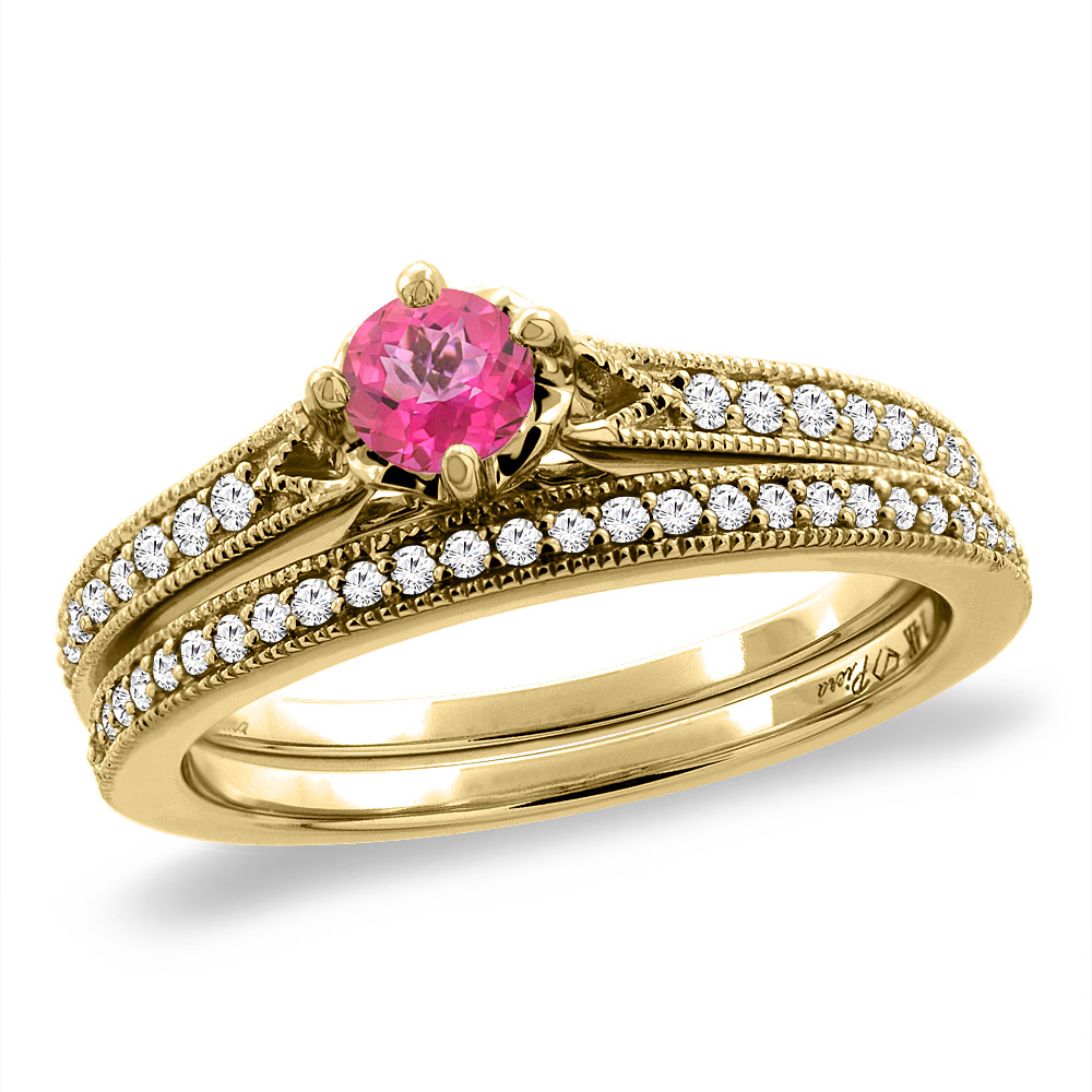 14K Yellow Gold Diamond Natural Pink Topaz 2pc Engagement Ring Set Round 4 mm, sizes 5 - 10