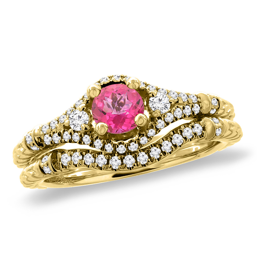 14K Yellow Gold Diamond Natural Pink Topaz 2pc Engagement Ring Set Round 4 mm, sizes 5 - 10