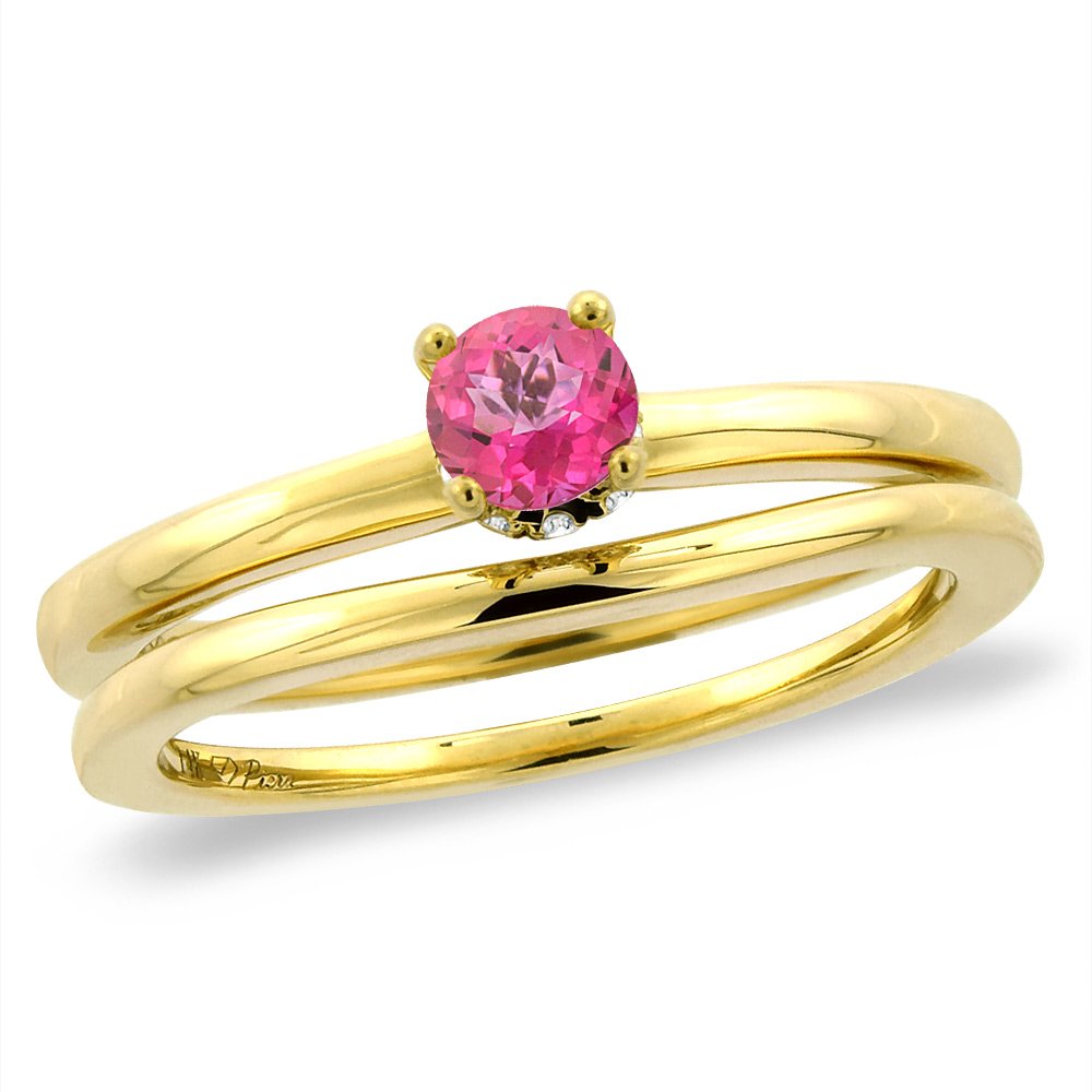 14K Yellow Gold Diamond Natural Pink Topaz 2pc Solitaire Engagement Ring Set Round 4 mm, size5-10