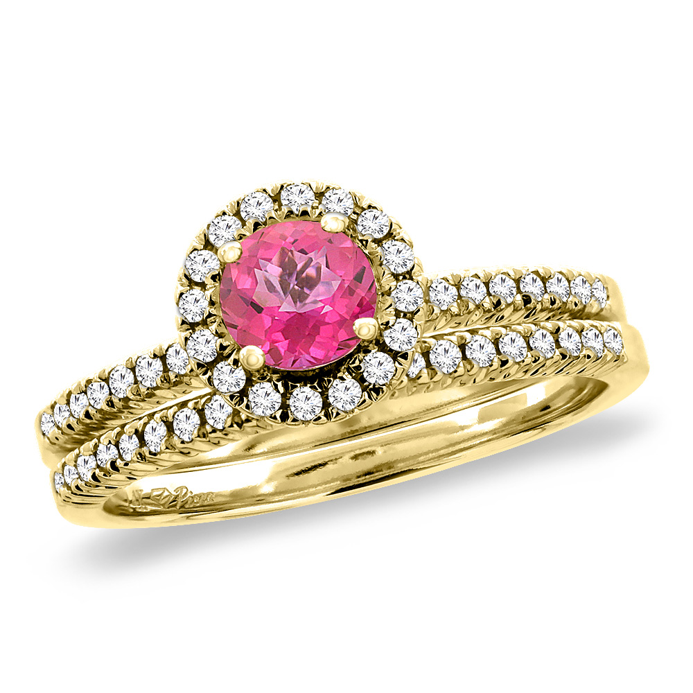 14K Yellow Gold Diamond Natural Pink Topaz 2pc Halo Engagement Ring Set Round 4 mm, size5-10
