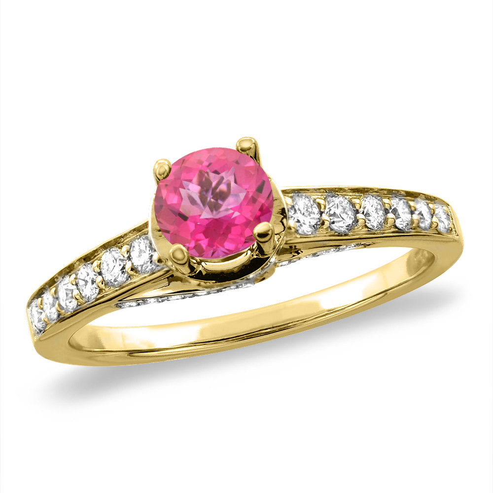 14K White/Yellow Gold Diamond Natural Pink Topaz Engagement Ring Round 4 mm, sizes 5 -10