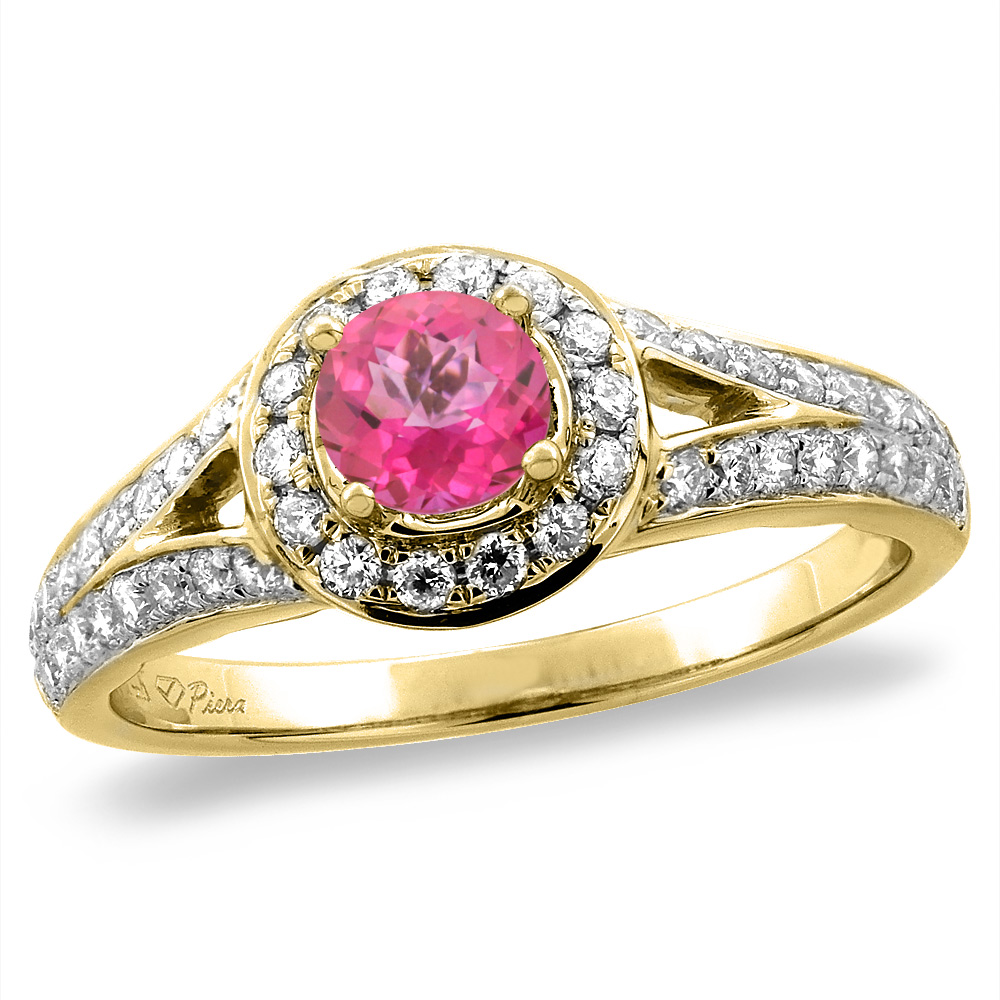 14K White/Yellow Gold Diamond Natural Pink Topaz Halo Engagement Ring Round 4 mm, sizes 5 -10