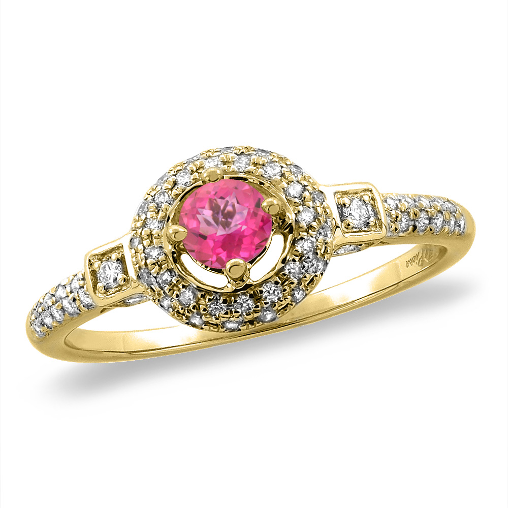 14K White/Yellow Gold Diamond Natural Pink Topaz Halo Engagement Ring Round 4 mm, sizes 5 -10