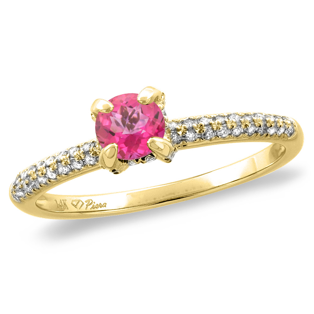 14K White/Yellow Gold Diamond Natural Pink Topaz Solitaire Engagement Ring Round 4 mm, sizes 5 -10