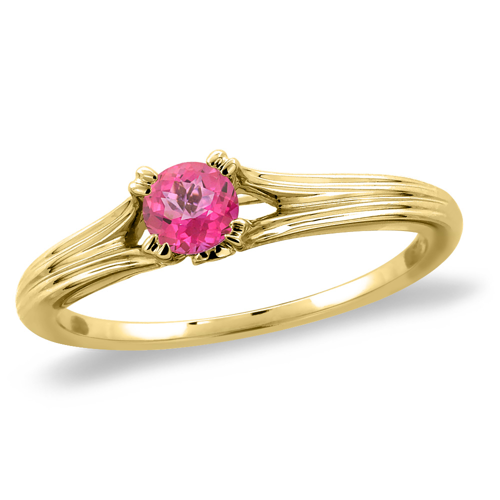 14K Yellow Gold Diamond Natural Pink Topaz Solitaire Engagement Ring Round 4 mm, sizes 5 -10