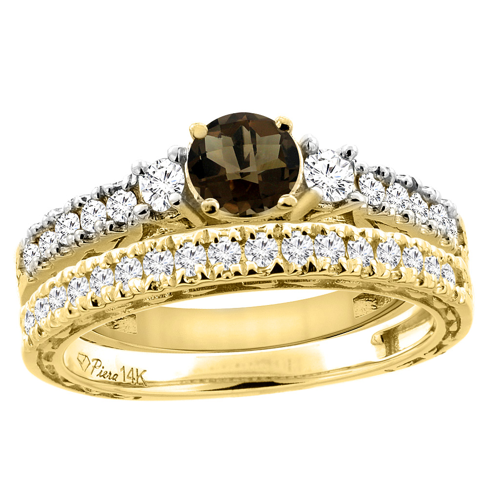 14K Yellow Gold Diamond Natural Smoky Topaz Engagement 2-pc Ring Set Engraved Round 6 mm, sizes 5 - 10