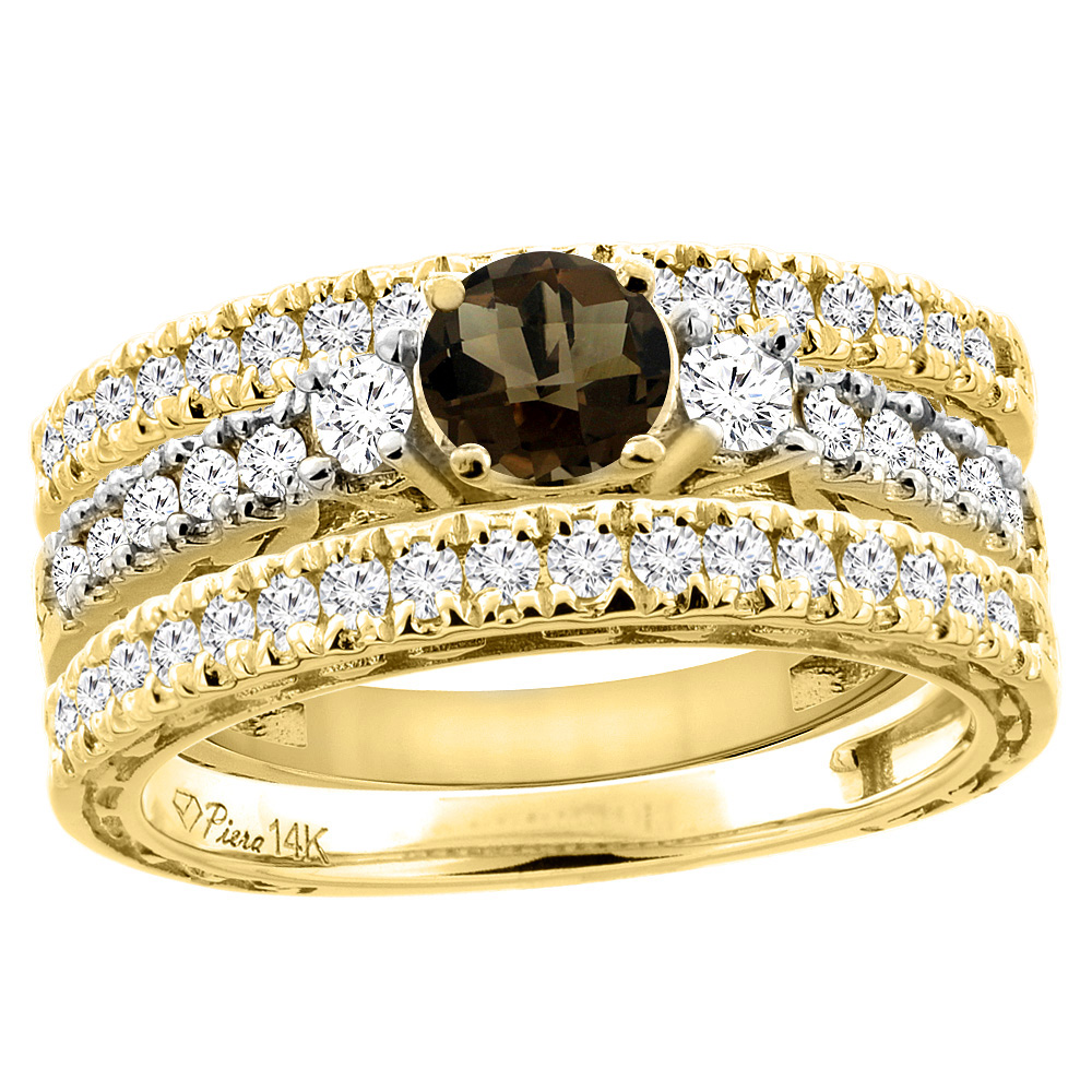 14K Yellow Gold Diamond Natural Smoky Topaz Engagement 3-pc Ring Set Engraved Round 6 mm, sizes 5 - 10