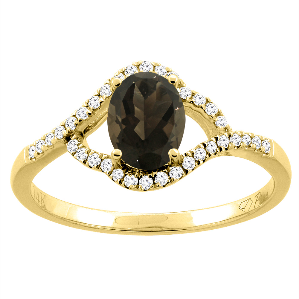 14K Gold Diamond Natural Smoky Topaz Engagement Ring Oval 7x5 mm, sizes 5 - 10