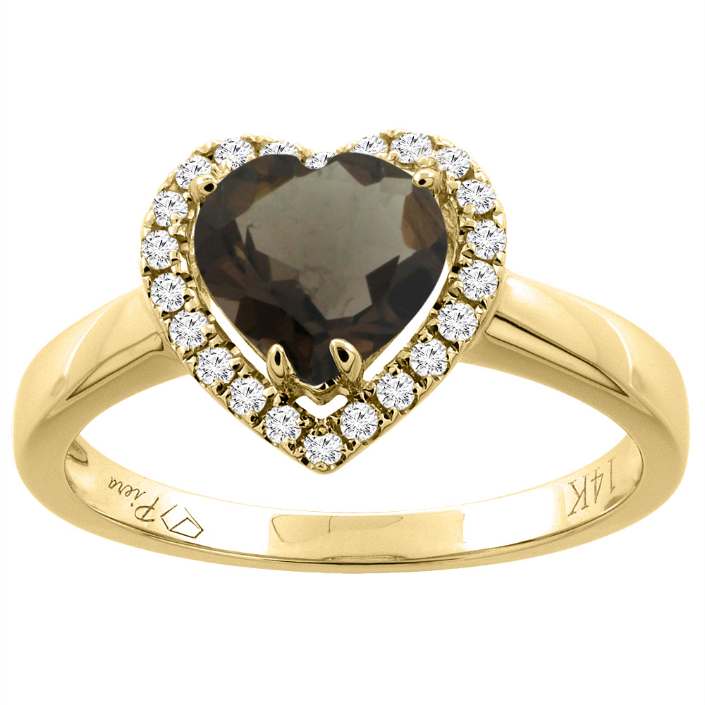 14K Gold Natural Smoky Topaz Halo Ring Heart 7x7 mm Diamond Accents, sizes 5 - 10