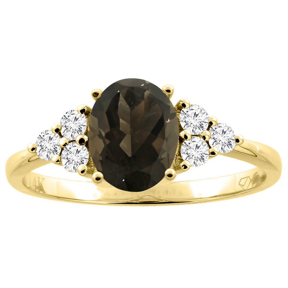 14K Gold Natural Smoky Topaz Ring Oval 8x6 mm Diamond Accents, sizes 5 - 10