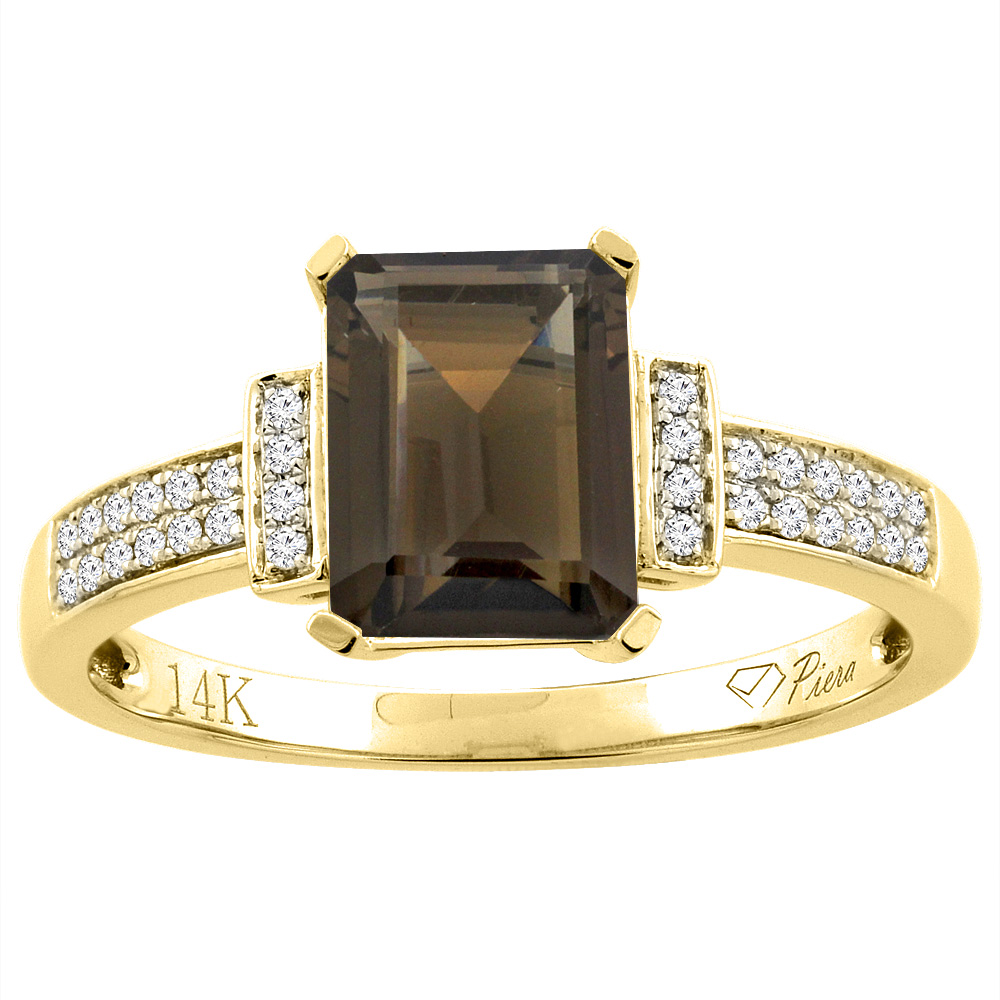 14K Gold Natural Smoky Topaz Ring Octagon 8x6 mm Diamond Accents, sizes 5 - 10