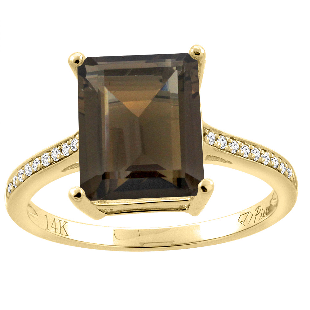 14K Gold Natural Smoky Topaz Ring Octagon 10x8 mm Diamond Accents, sizes 5 - 10