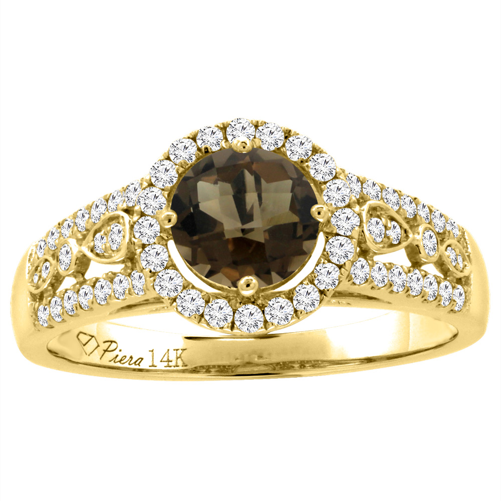 14K Yellow Gold Diamond Natural Smoky Topaz Engagement Halo Ring Round 7 mm, sizes 5-10