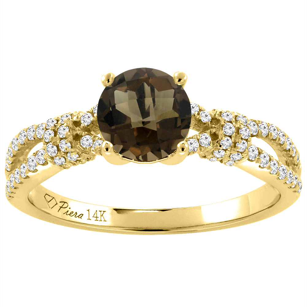 14K Yellow Gold Diamond Natural Smoky Topaz Engagement Ring Round 7 mm, sizes 5-10
