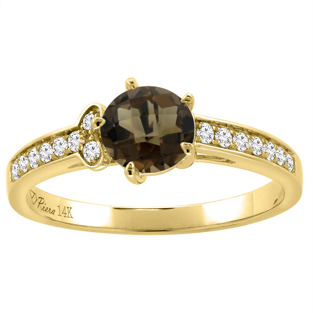 14K Yellow Gold Diamond Natural Smoky Topaz Engagement Ring Round 7 mm, sizes 5-10