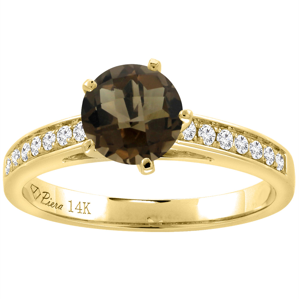 14K Yellow Gold Diamond Natural Smoky Topaz Engagement Ring Round 7 mm, sizes 5-10