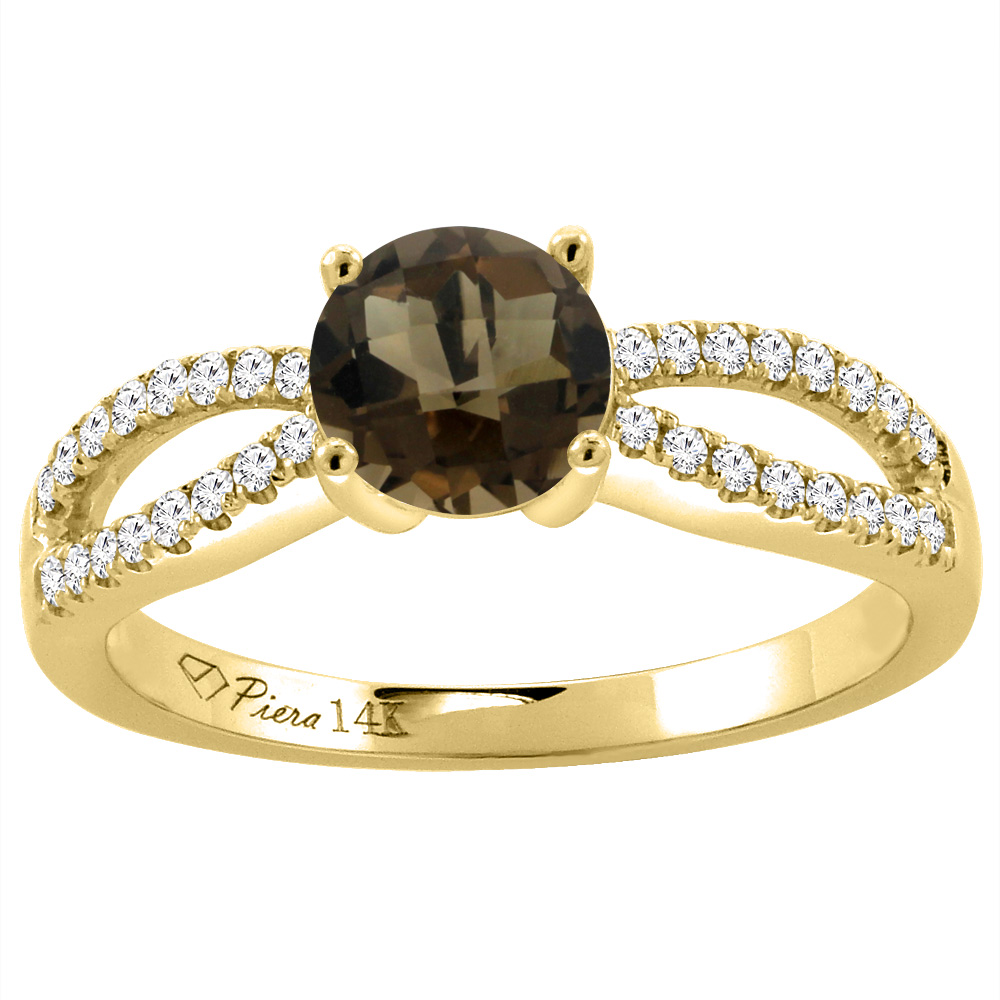 14K Yellow Gold Diamond Natural Smoky Topaz Engagement Ring Round 7 mm, sizes 5-10