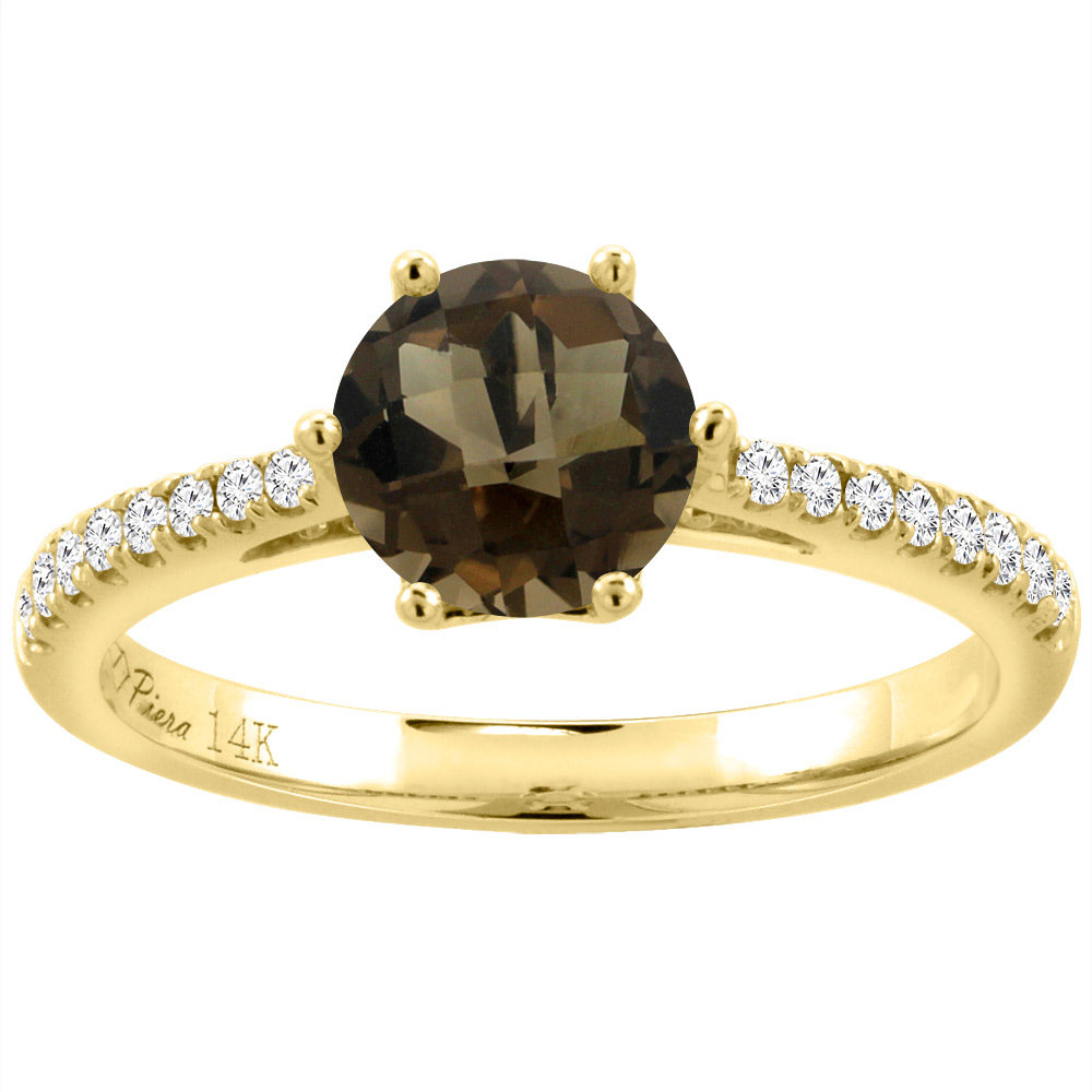14K Yellow Gold Diamond Natural Smoky Topaz Engagement Ring Round 7 mm, sizes 5-10
