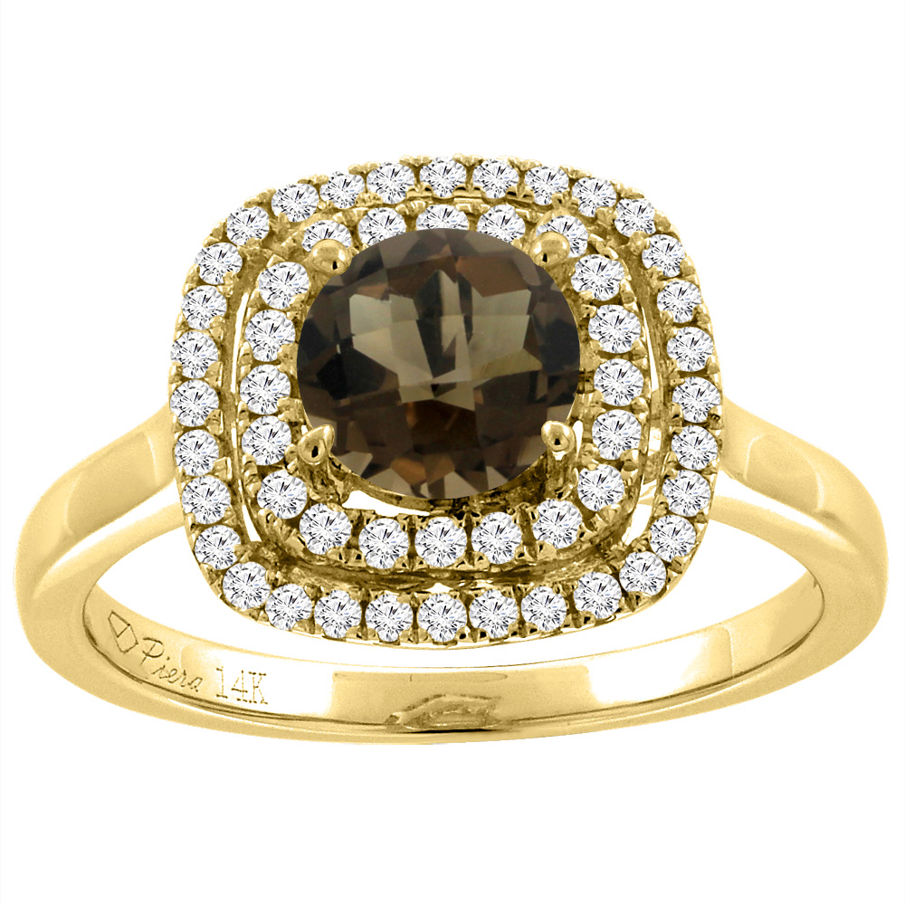 14K Yellow Gold Natural Smoky Topaz Double Halo Diamond Engagement Ring Round 7 mm, sizes 5-10