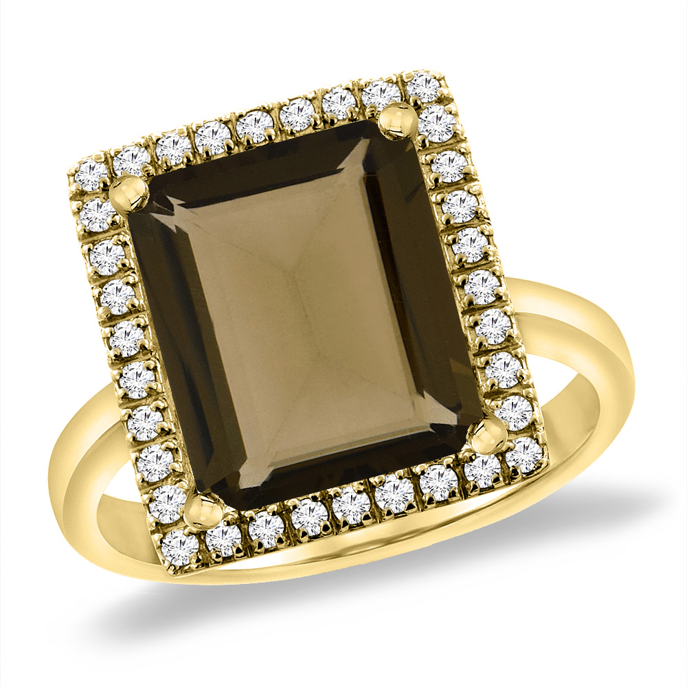 14K Yellow Gold Natural Smoky Topaz Ring Diamond Accent 12x10 mm Octagon, sizes 5 -10