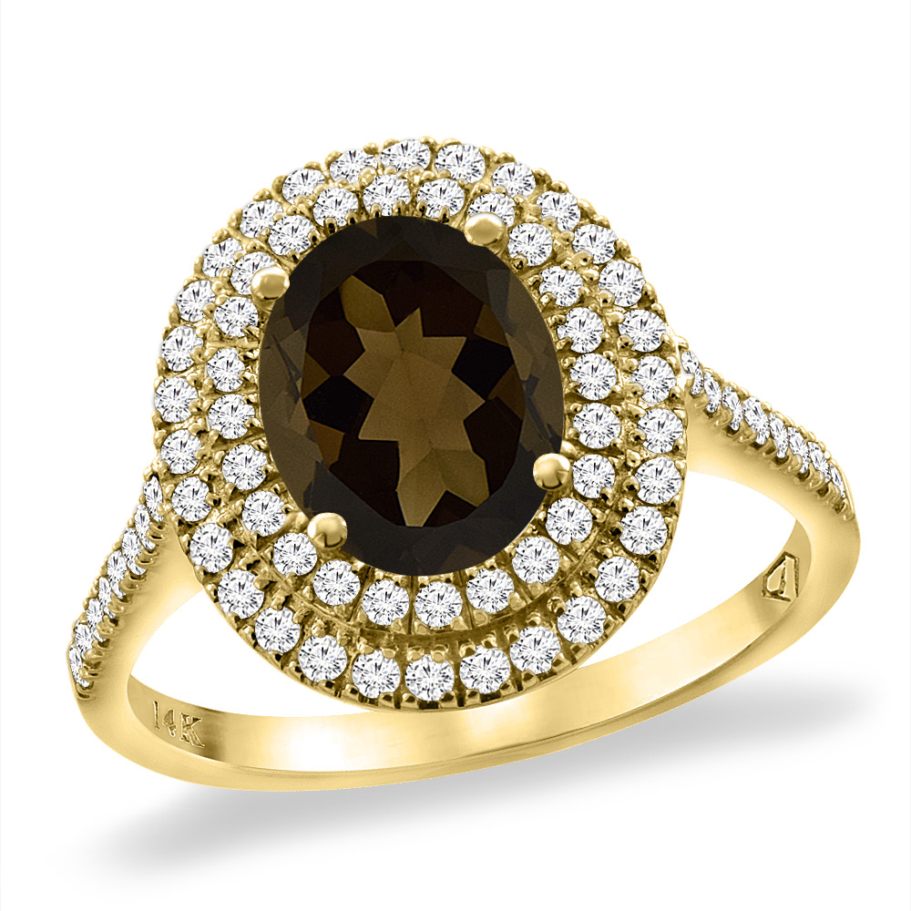 14K Yellow Gold Natural Smoky Topaz Two Halo Diamond Engagement Ring 9x7 mm Oval, sizes 5 -10