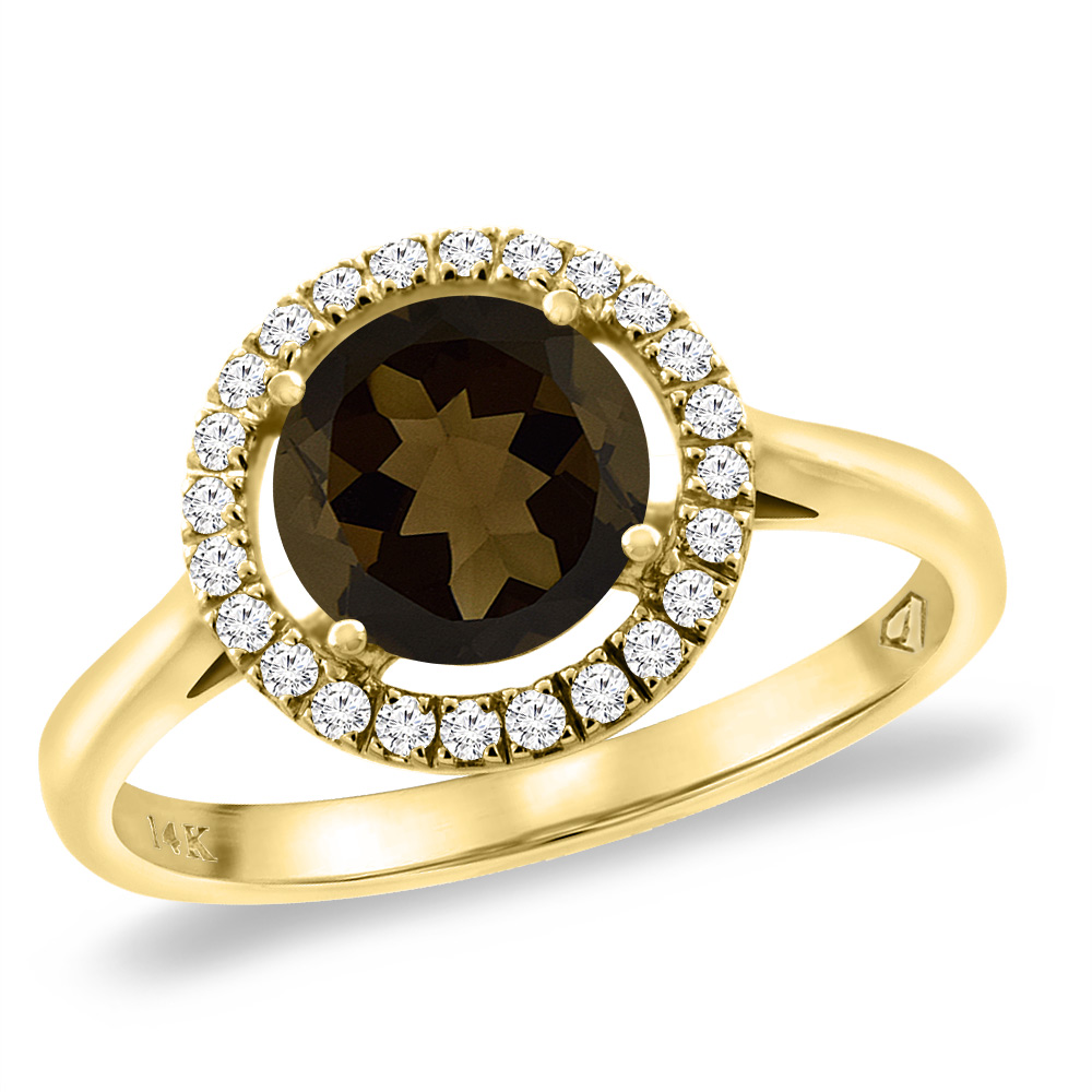 14K Yellow Gold Natural Smoky Topaz Halo Engagement Ring Round 8 mm, sizes 5 -10