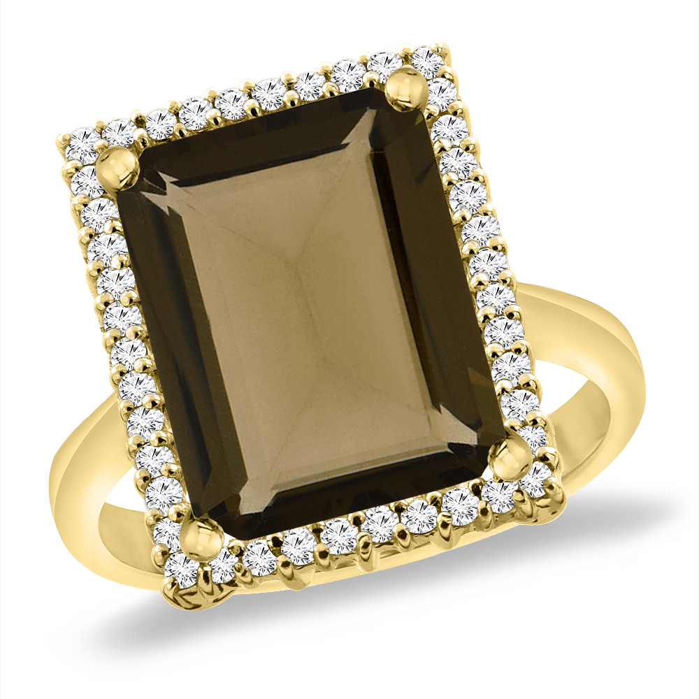 14K Yellow Gold Natural Smoky Topaz Ring Diamond Accent 14x10 mm Octagon, sizes 5 -10