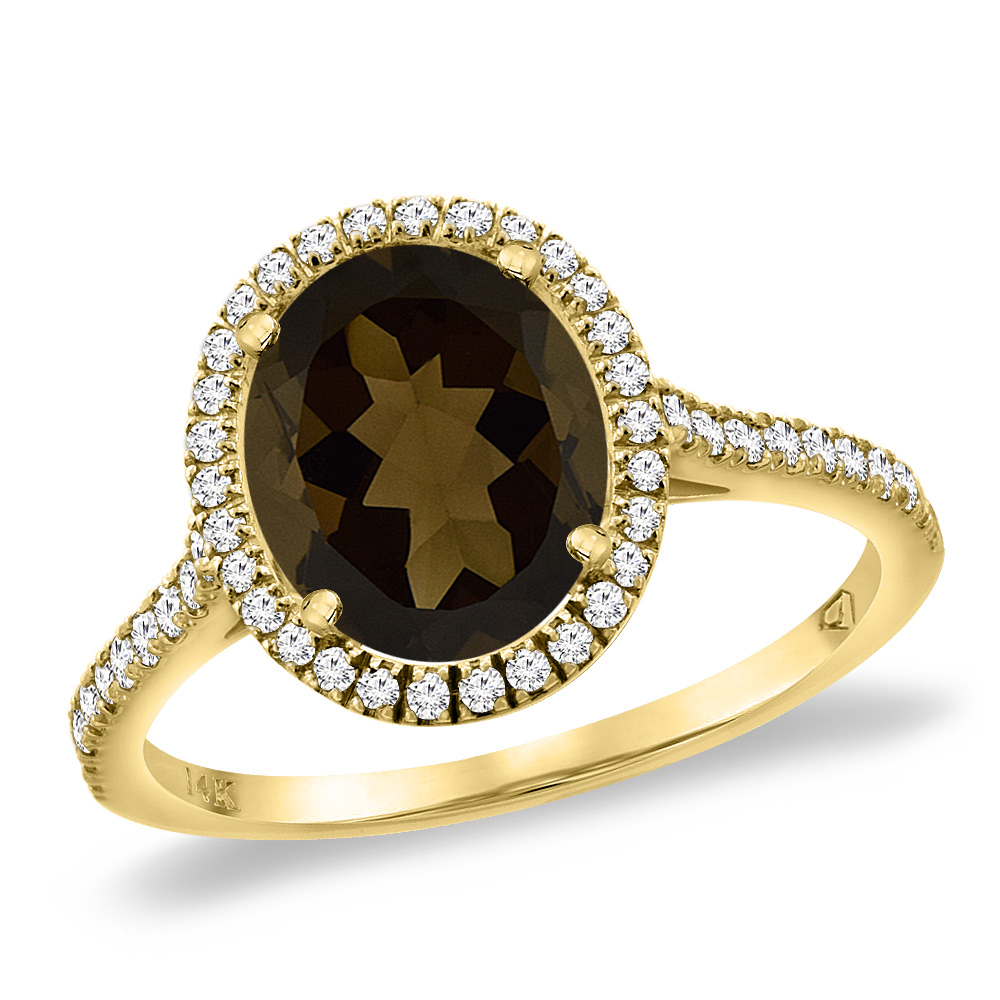 14K Yellow Gold Natural Smoky Topaz Diamond Halo Engagement Ring 10x8 mm Oval, sizes 5 -10