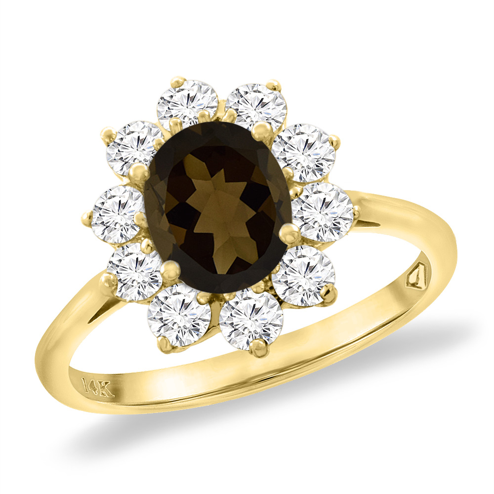 14K Yellow Gold Diamond Natural Smoky Topaz Engagement Ring Oval 8x6 mm, sizes 5 -10
