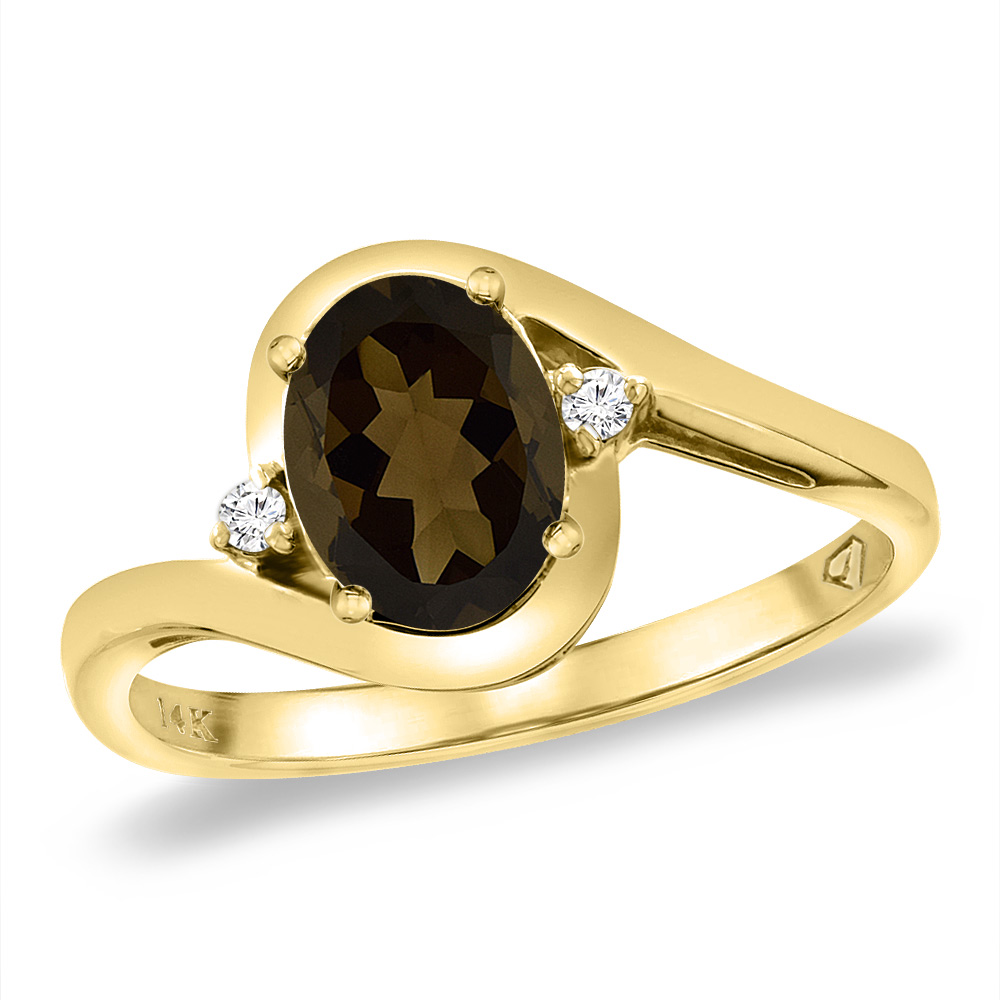 14K Yellow Gold Diamond Natural Smoky Topaz Bypass Engagement Ring Oval 8x6 mm, sizes 5 -10