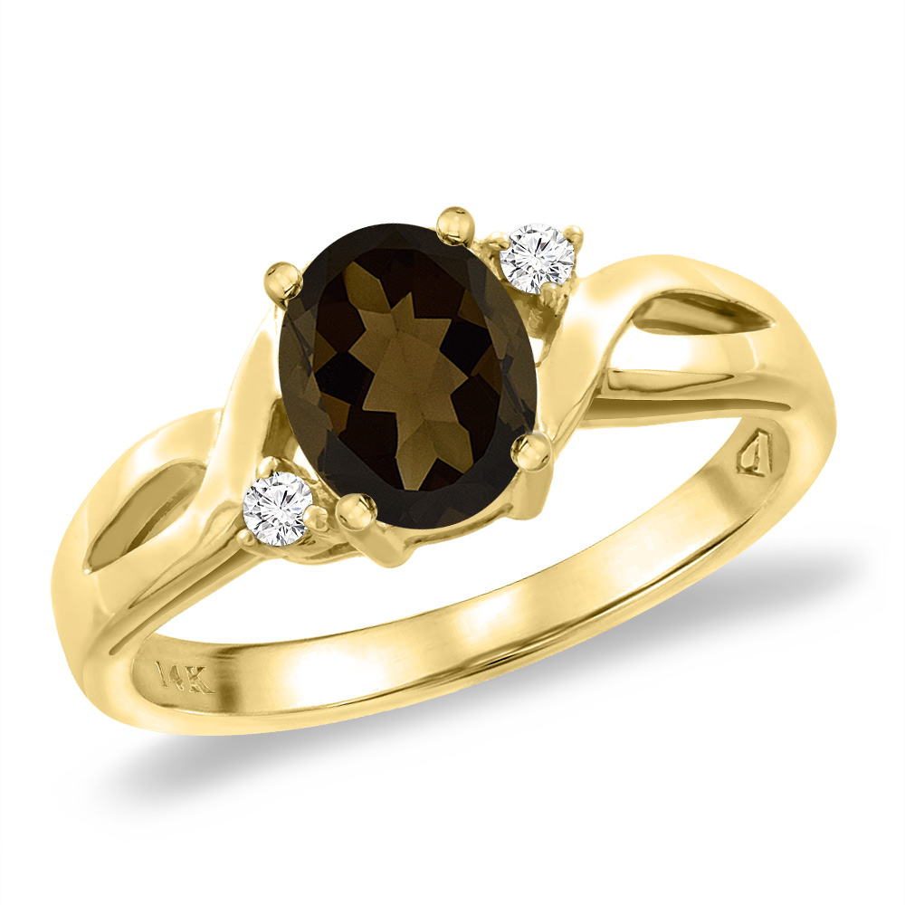 14K Yellow Gold Diamond Natural Smoky Topaz Engagement Ring Oval 8x6 mm, sizes 5 -10