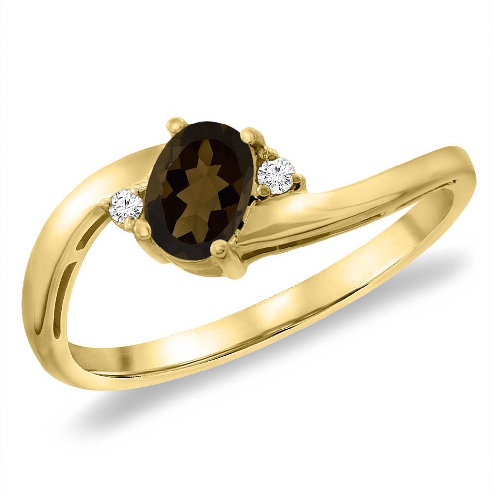 14K Yellow Gold Diamond Natural Smoky Topaz Bypass Engagement Ring Oval 6x4 mm, sizes 5 -10