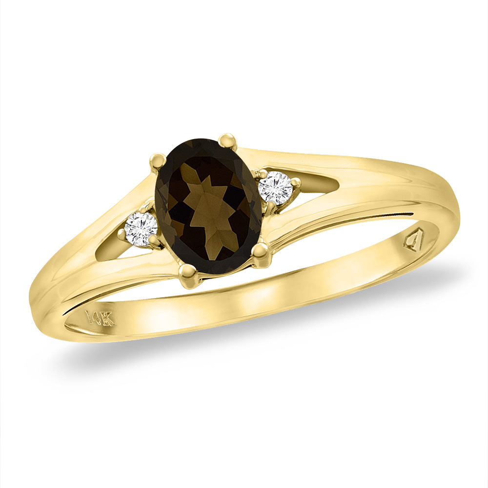 14K Yellow Gold Diamond Natural Smoky Topaz Engagement Ring Oval 6x4 mm, sizes 5 -10