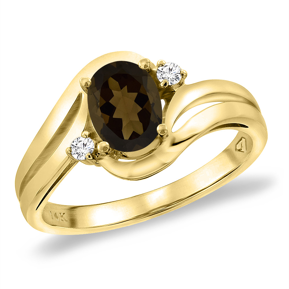 14K Yellow Gold Diamond Natural Smoky Topaz Bypass Engagement Ring Oval 8x6 mm, sizes 5 -10