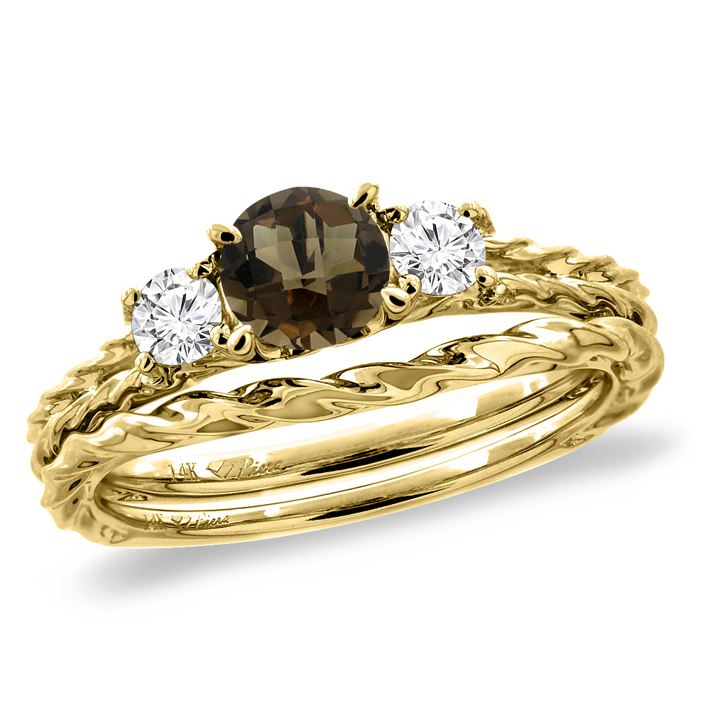 14K Yellow Gold Diamond Natural Smoky Topaz 2pc Engagement Ring Set Round 6mm Twisted, sizes 5-10