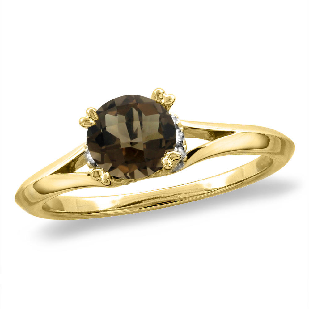 14K White/Yellow Gold Diamond Natural Smoky Topaz Solitaire Engagement Ring Round 6 mm, sz 5-10