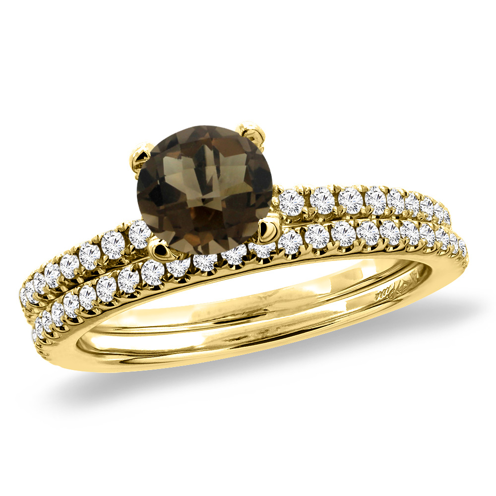 14K Yellow Gold Diamond Natural Smoky Topaz 2pc Engagement Ring Set Round 5 mm, sizes 5-10