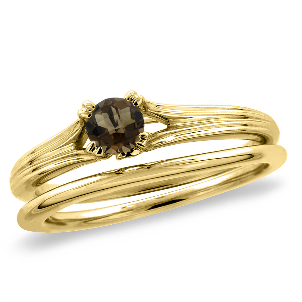 14K Yellow Gold Diamond Natural Smoky Topaz 2pc Solitaire Engagement Ring Set Round 5mm, sizes 5 -10