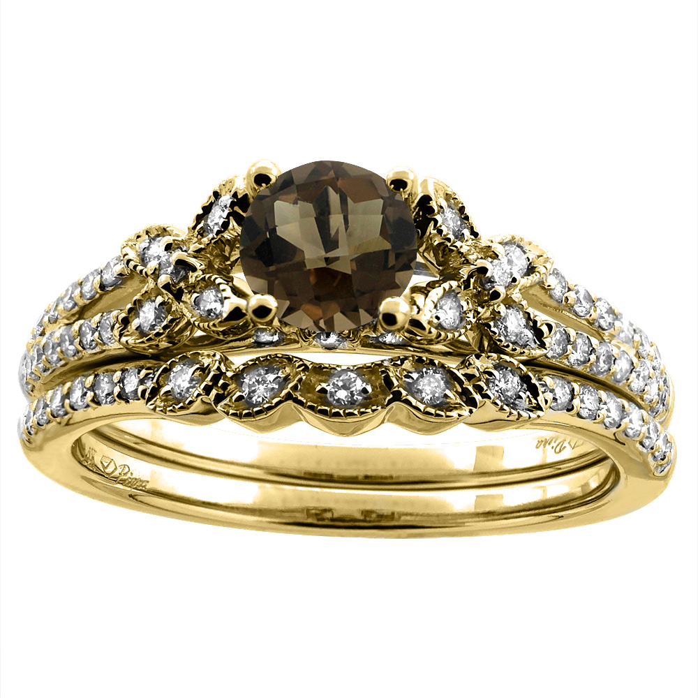 14K Yellow Gold Floral Diamond Natural Smoky Topaz 2pc Engagement Ring Set Round 5 mm, sizes 5-10