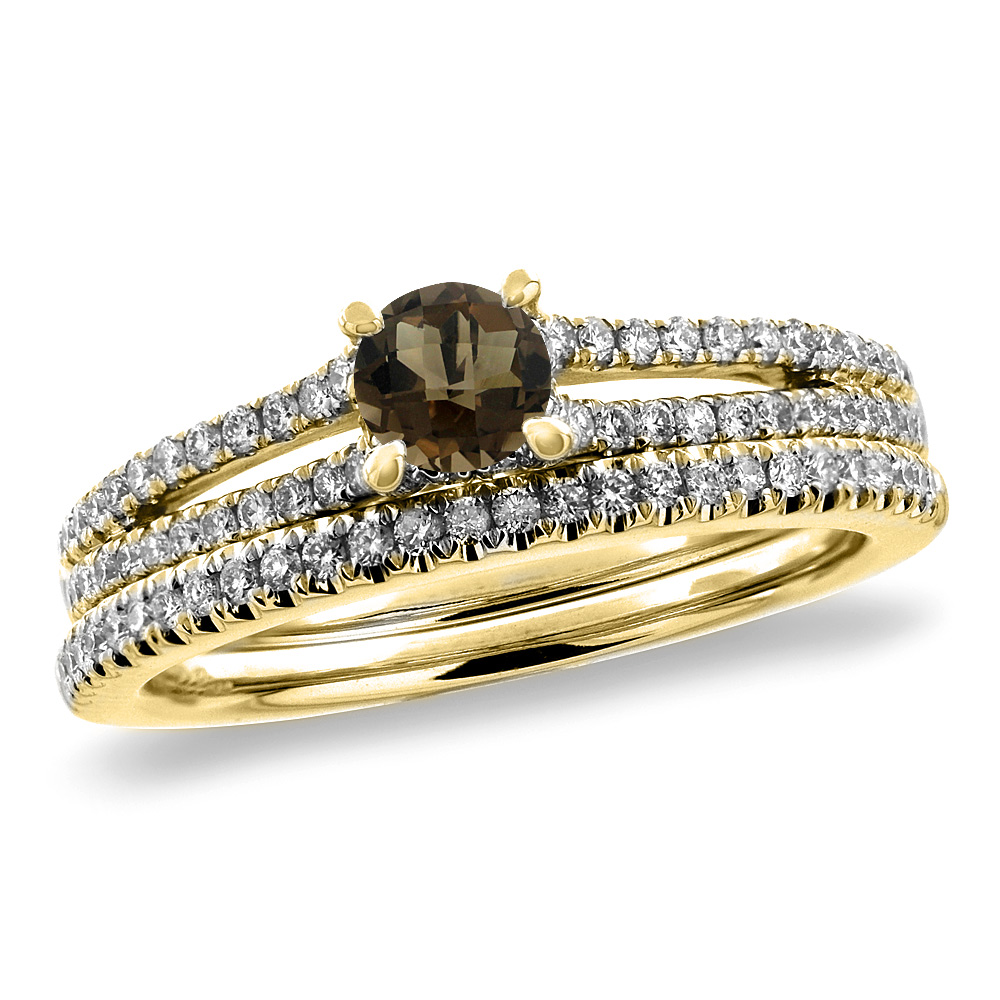 14K Yellow Gold Diamond Natural Smoky Topaz 2pc Engagement Ring Set Round 5 mm, sizes 5-10