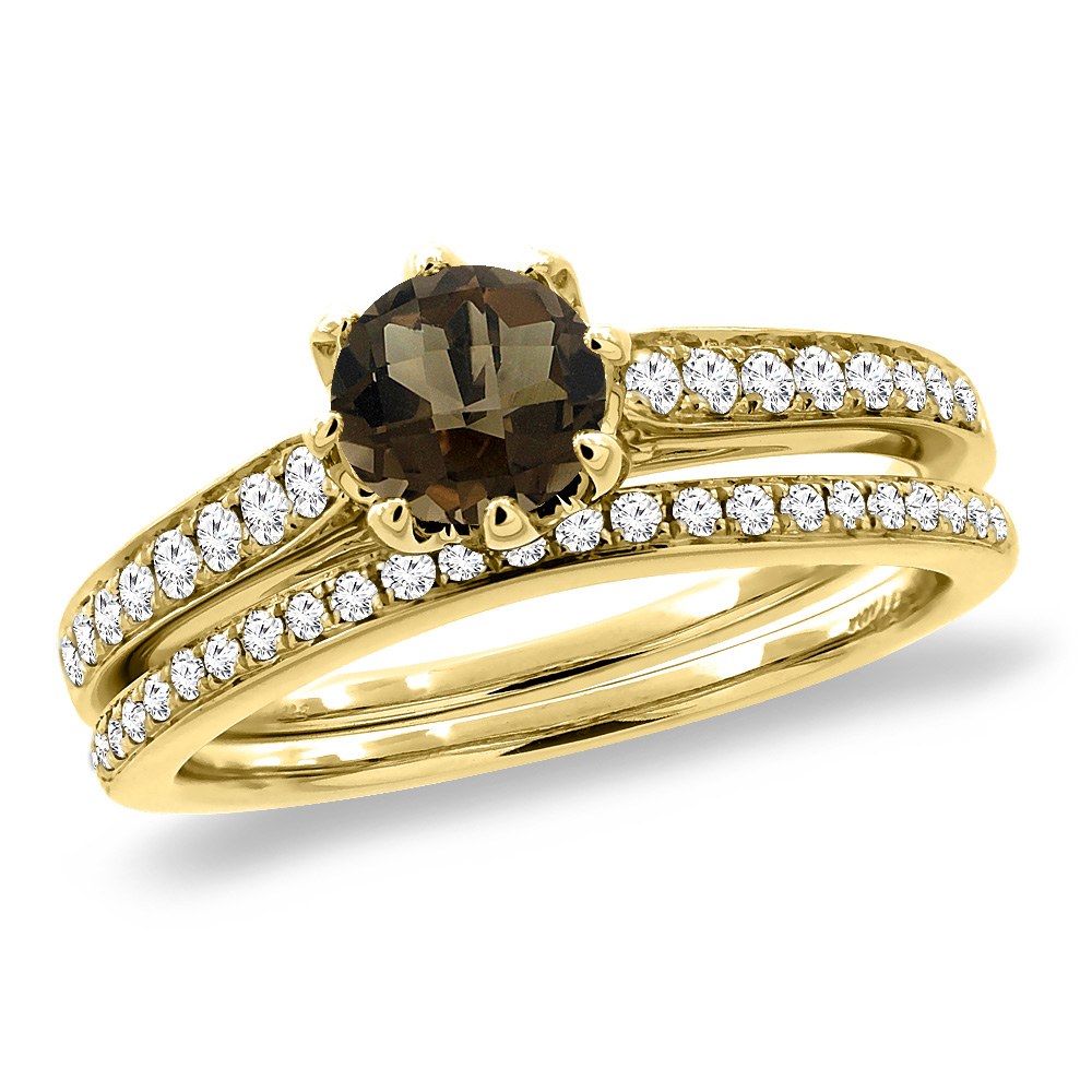 14K Yellow Gold Diamond Natural Smoky Topaz 2pc Engagement Ring Set Round 5 mm, sizes 5-10