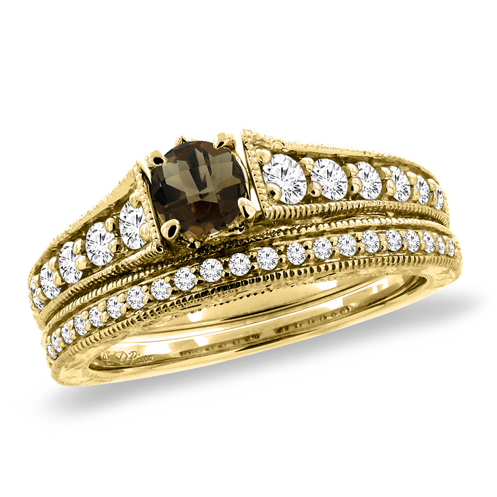 14K Yellow Gold Diamond Natural Smoky Topaz 2pc Engagement Ring Set Round 5 mm, sizes 5-10