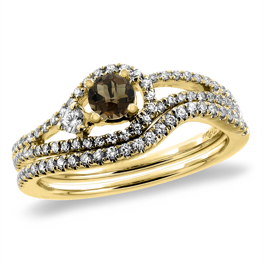 14K Yellow Gold Diamond Natural Smoky Topaz 2pc Engagement Ring Set Round 5 mm, sizes 5-10