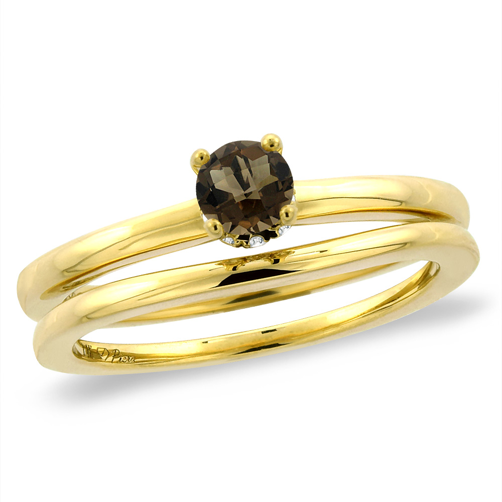 14K Yellow Gold Diamond Natural Smoky Topaz 2pc Solitaire Engagement Ring Set Round 5mm, sizes 5 -10