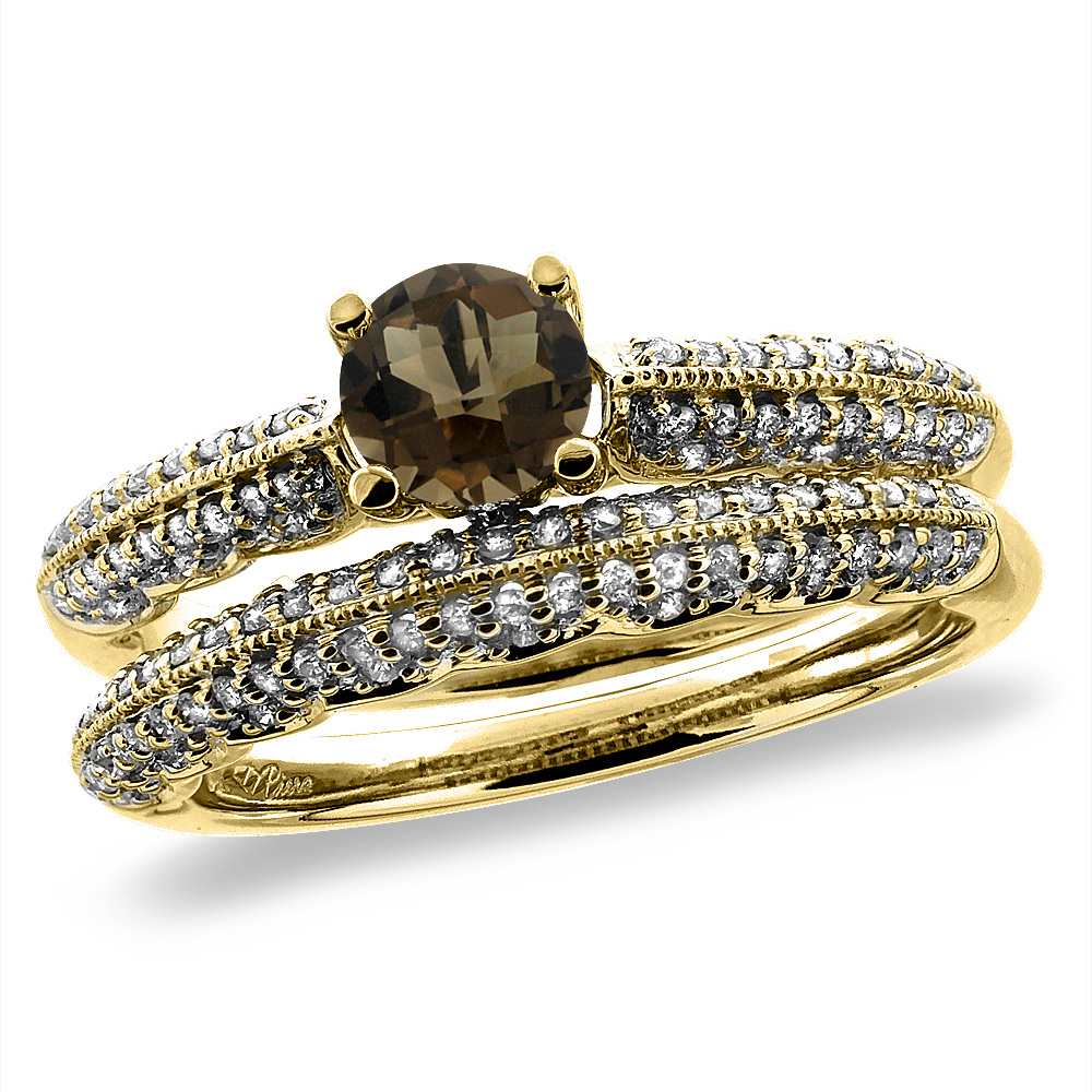 14K Yellow Gold Diamond Natural Smoky Topaz 2pc Engagement Ring Set Round 5 mm, sizes 5-10