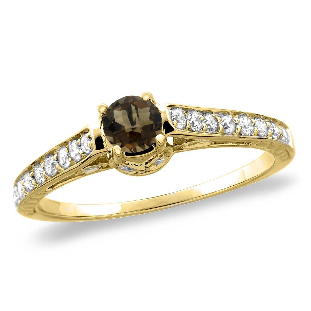 14K White/Yellow Gold Diamond Natural Smoky Topaz Engagement Ring Round 5 mm, sizes 5-10