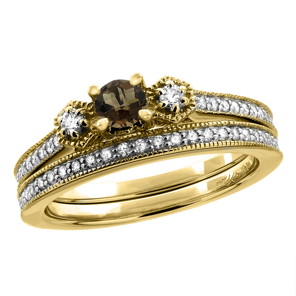 14K Yellow Gold Diamond Natural Smoky Topaz 2pc Engagement Ring Set Round 4 mm, sizes 5 - 10